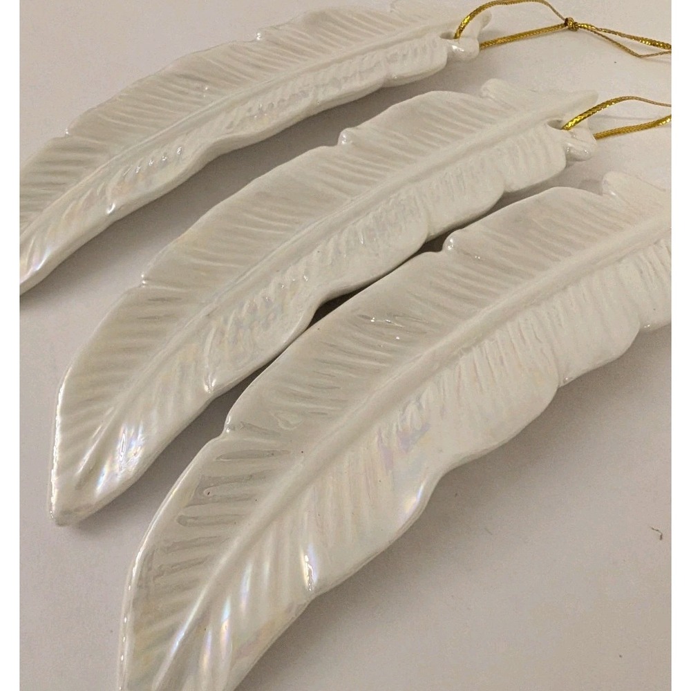 White Ceramic FEATHERS Christmas Ornaments Lot Of 3 Iridescent Bohemian Boho 6"